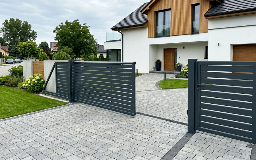 Hliníková samonosná posuvná brána s bráničkou — realizácia GateBro