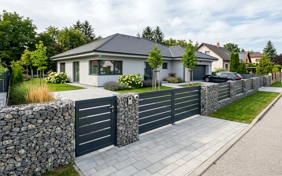 Kombinovaný plot z hliníka a gabiónov — realizácia GateBro